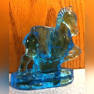 BLUE CARNIVAL GLASS HORSE Toothpick Holder 3.5" tall